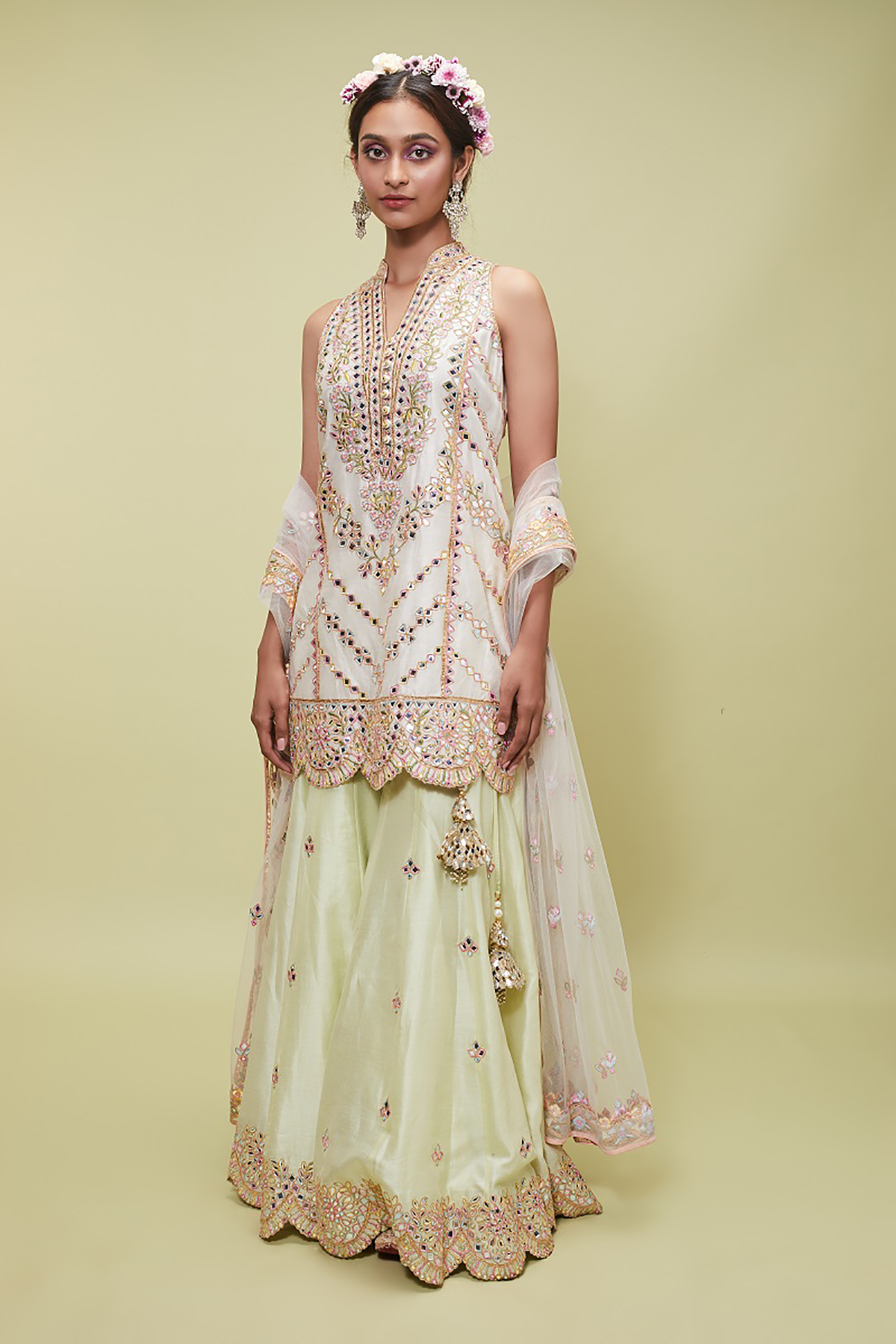 Ivory Kurta With Green Sharara