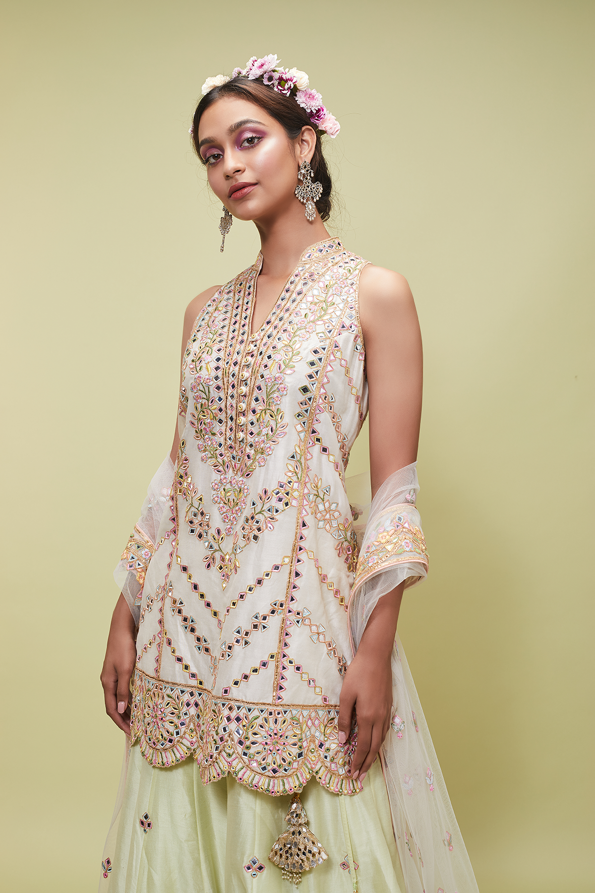 Ivory Kurta With Green Sharara