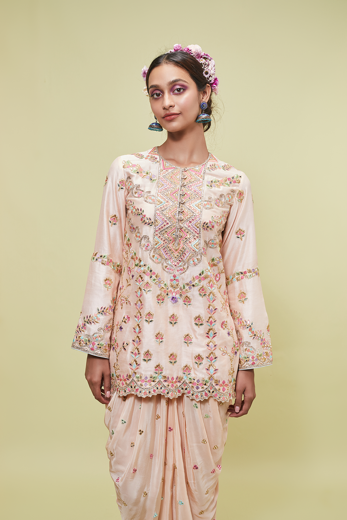 Peach Kurta Paired With Cowl Pants