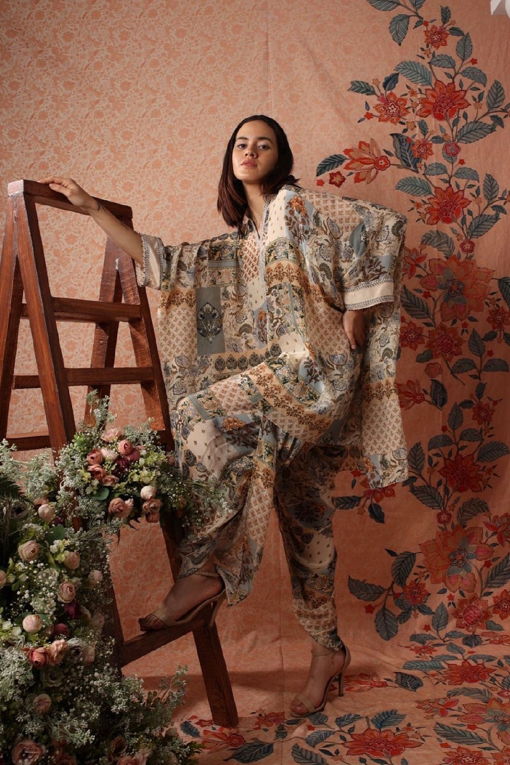 Green printed oversized kaftan shirt with dhoti