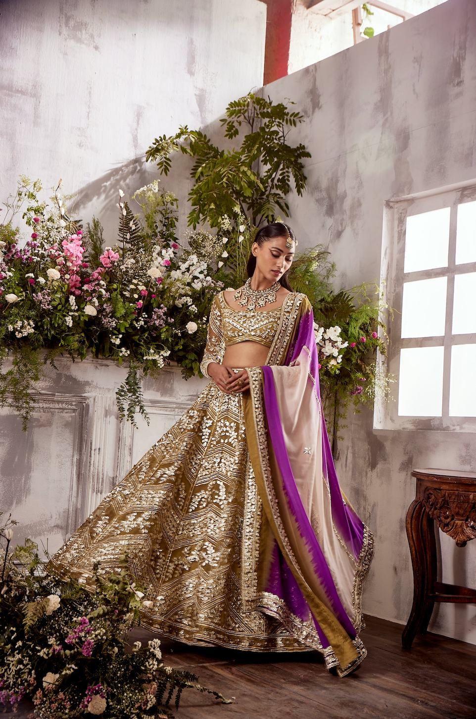 MEHENDI GREEN GOTA LEHENGA WITH THREE COLOUR DUPATTA PARISAA