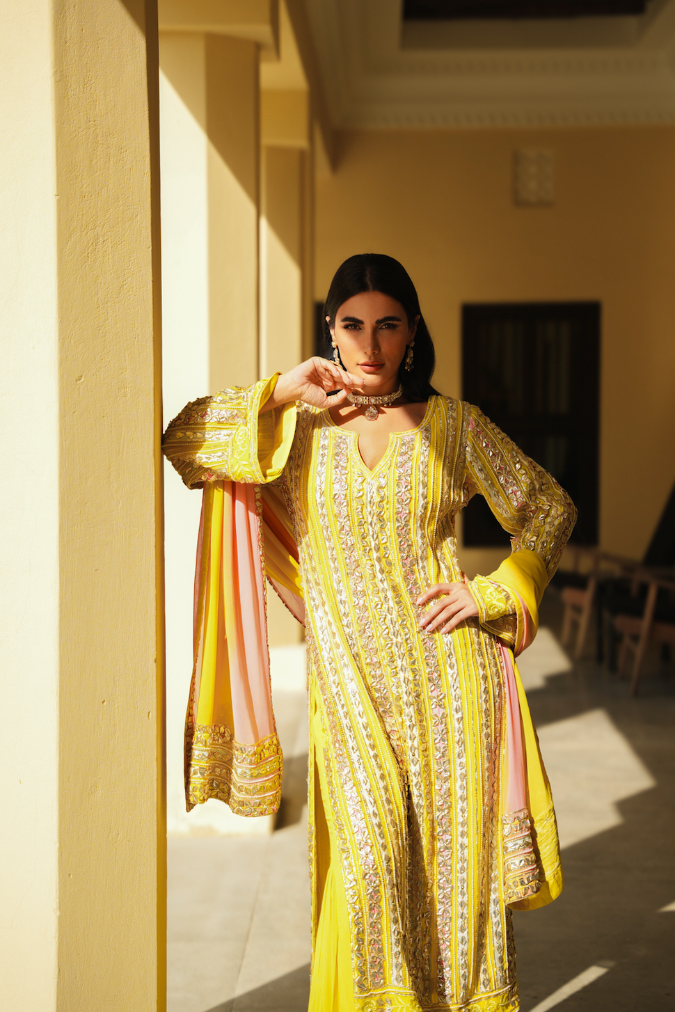 SUNSHINE YELLOW MULTI-COLOUR PARISAA LONG KURTA WITH SHARARA