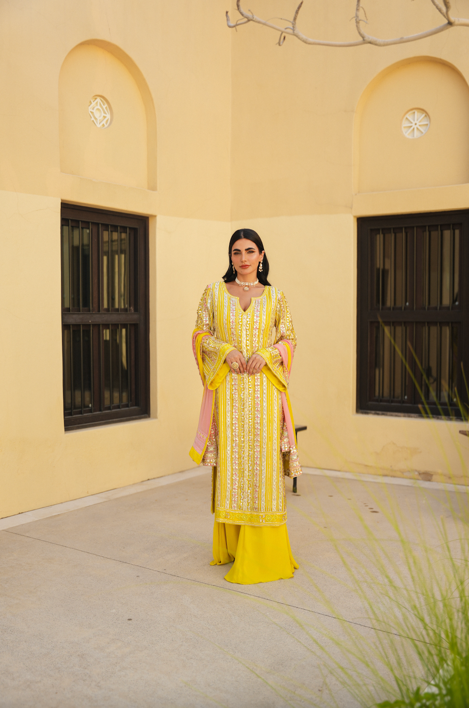 SUNSHINE YELLOW MULTI-COLOUR PARISAA LONG KURTA WITH SHARARA