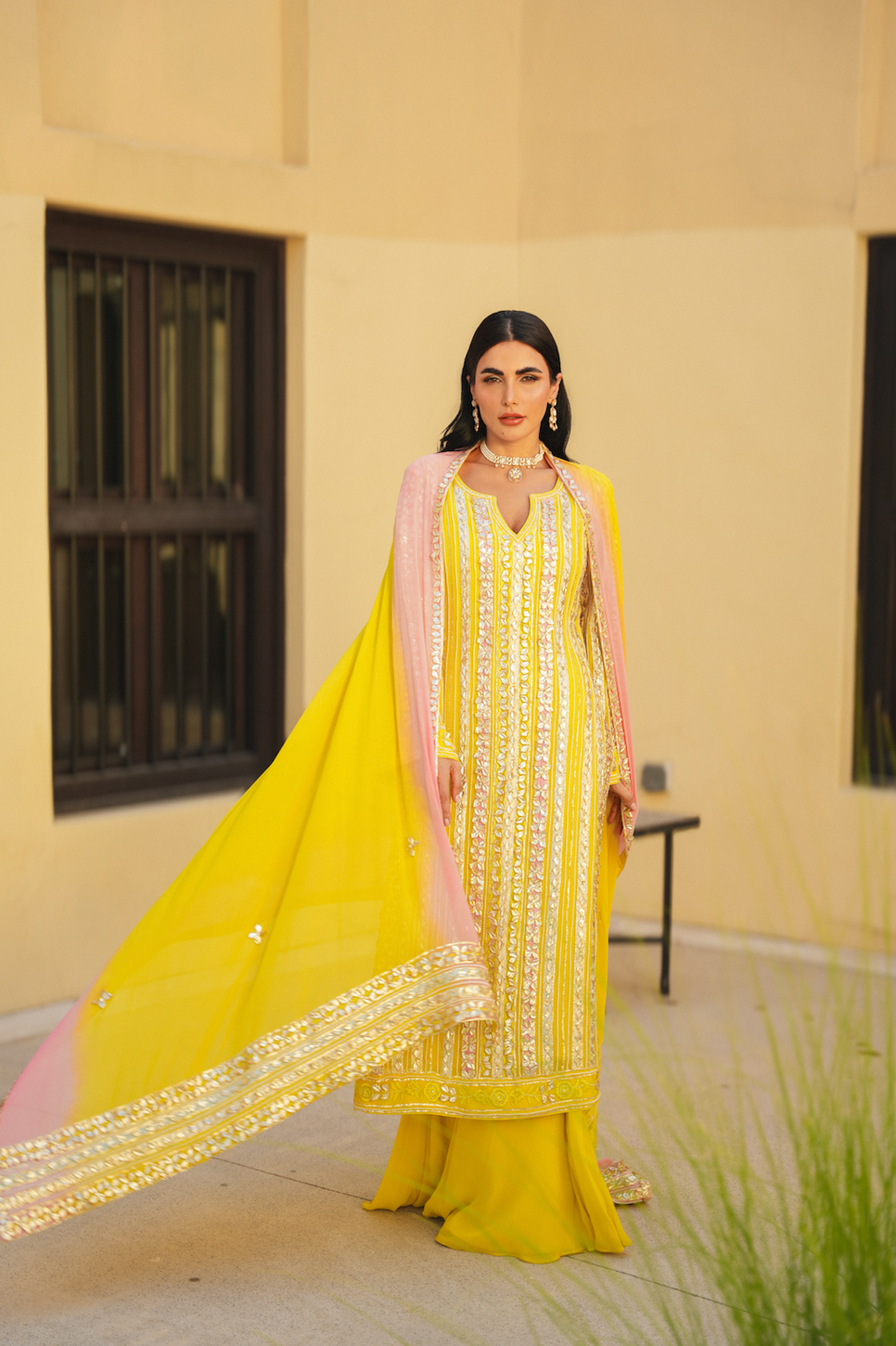 SUNSHINE YELLOW MULTI-COLOUR PARISAA LONG KURTA WITH SHARARA