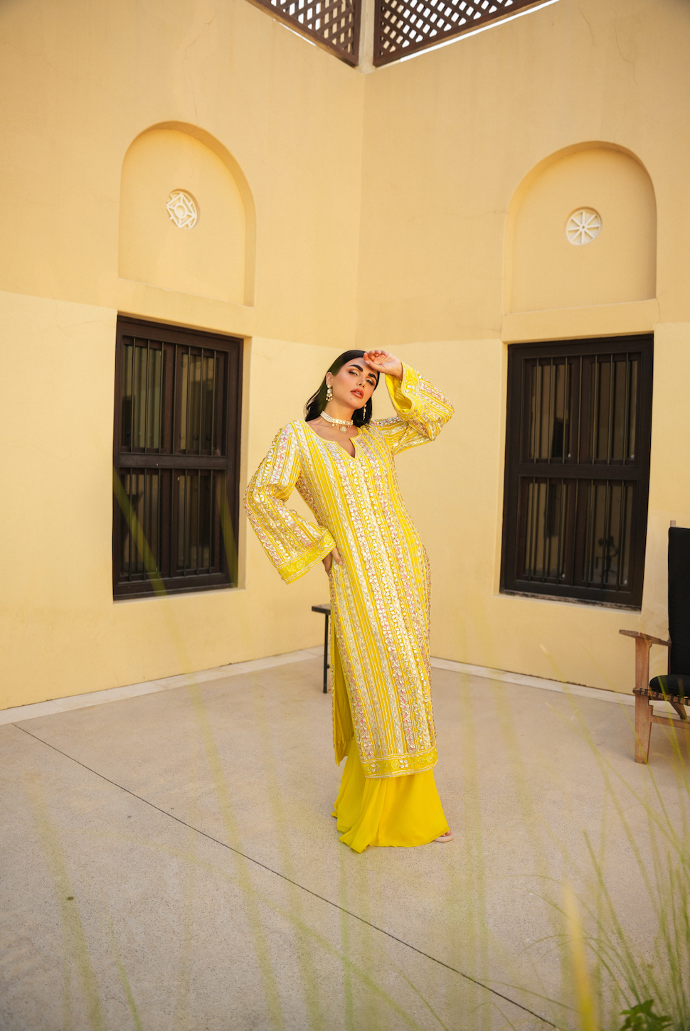 SUNSHINE YELLOW MULTI-COLOUR PARISAA LONG KURTA WITH SHARARA