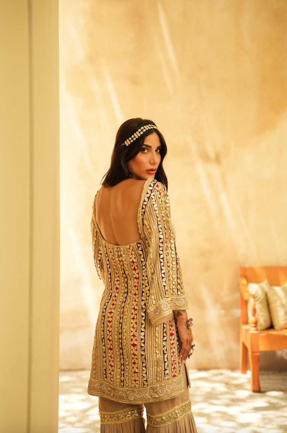 BEIGE PARISAA GARARA (PINK & PURPLE DETAILS)