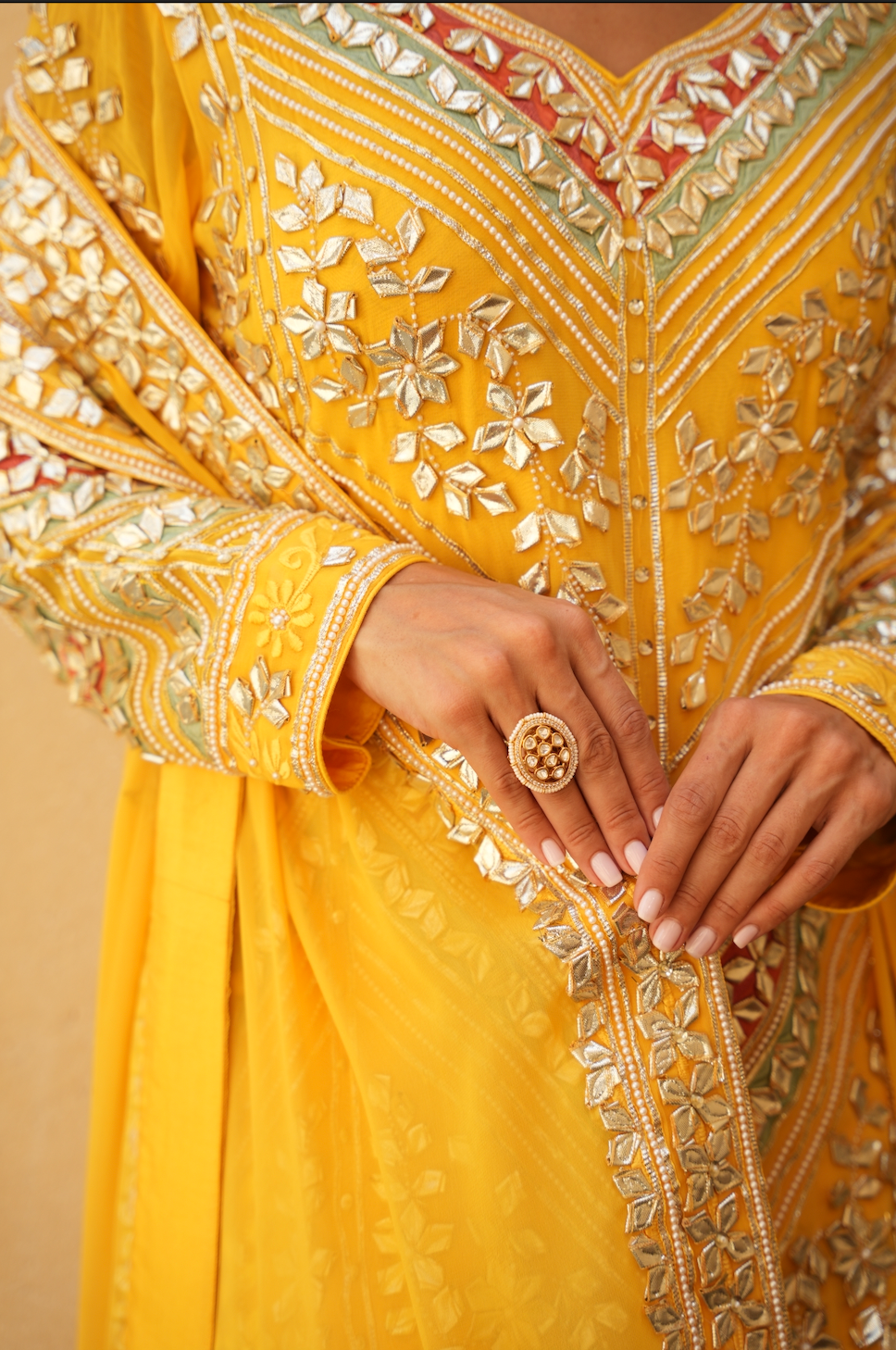 VIBRANT YELLOW PARISAA LONG KURTA WITH SHARARA (ORANGE & GREEN DETAILS)