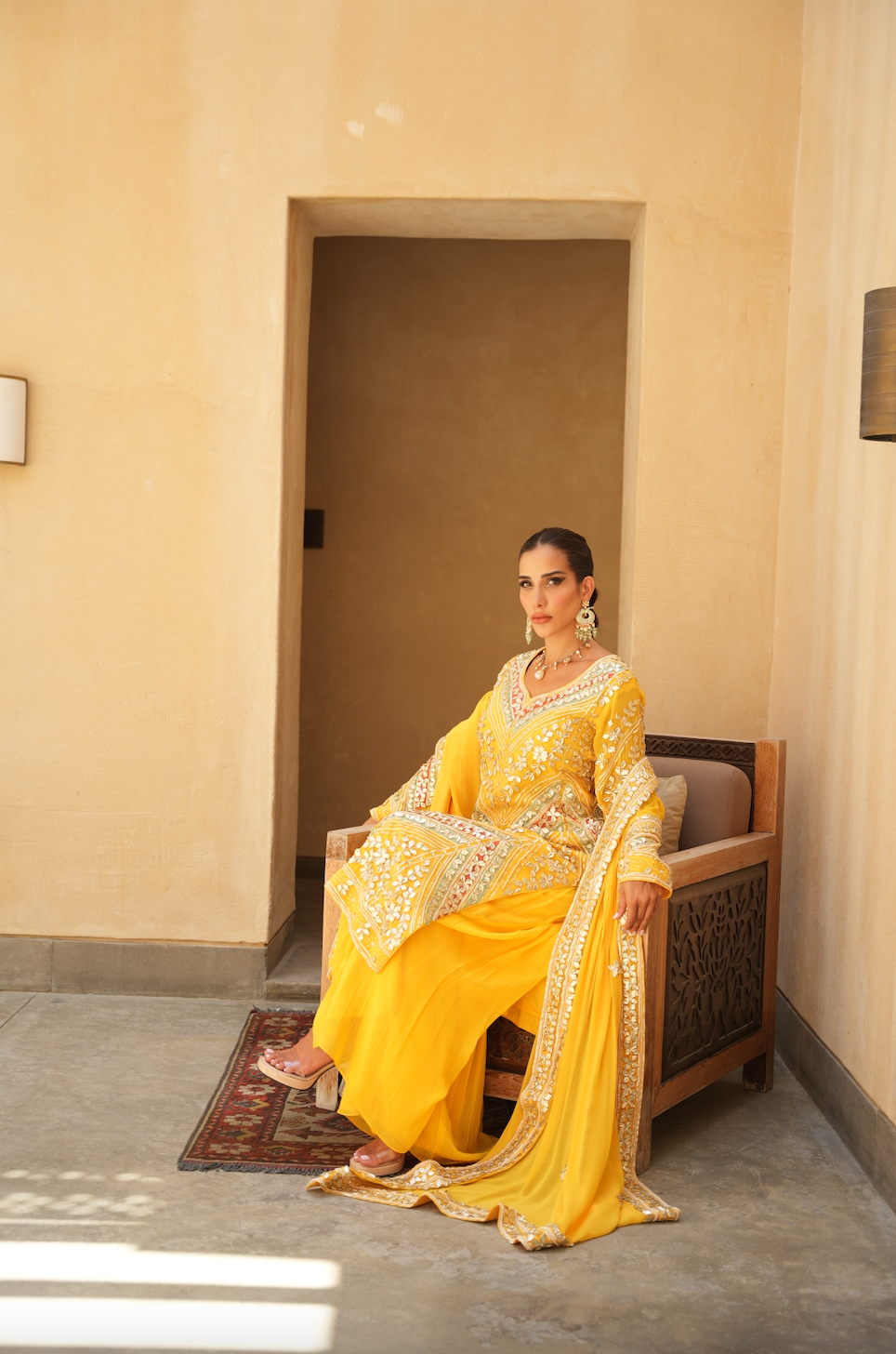 VIBRANT YELLOW PARISAA LONG KURTA WITH SHARARA (ORANGE & GREEN DETAILS)