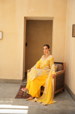 VIBRANT YELLOW PARISAA LONG KURTA WITH SHARARA (ORANGE & GREEN DETAILS)