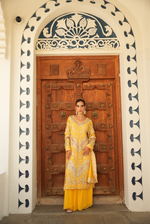 VIBRANT YELLOW PARISAA LONG KURTA WITH SHARARA (ORANGE & GREEN DETAILS)
