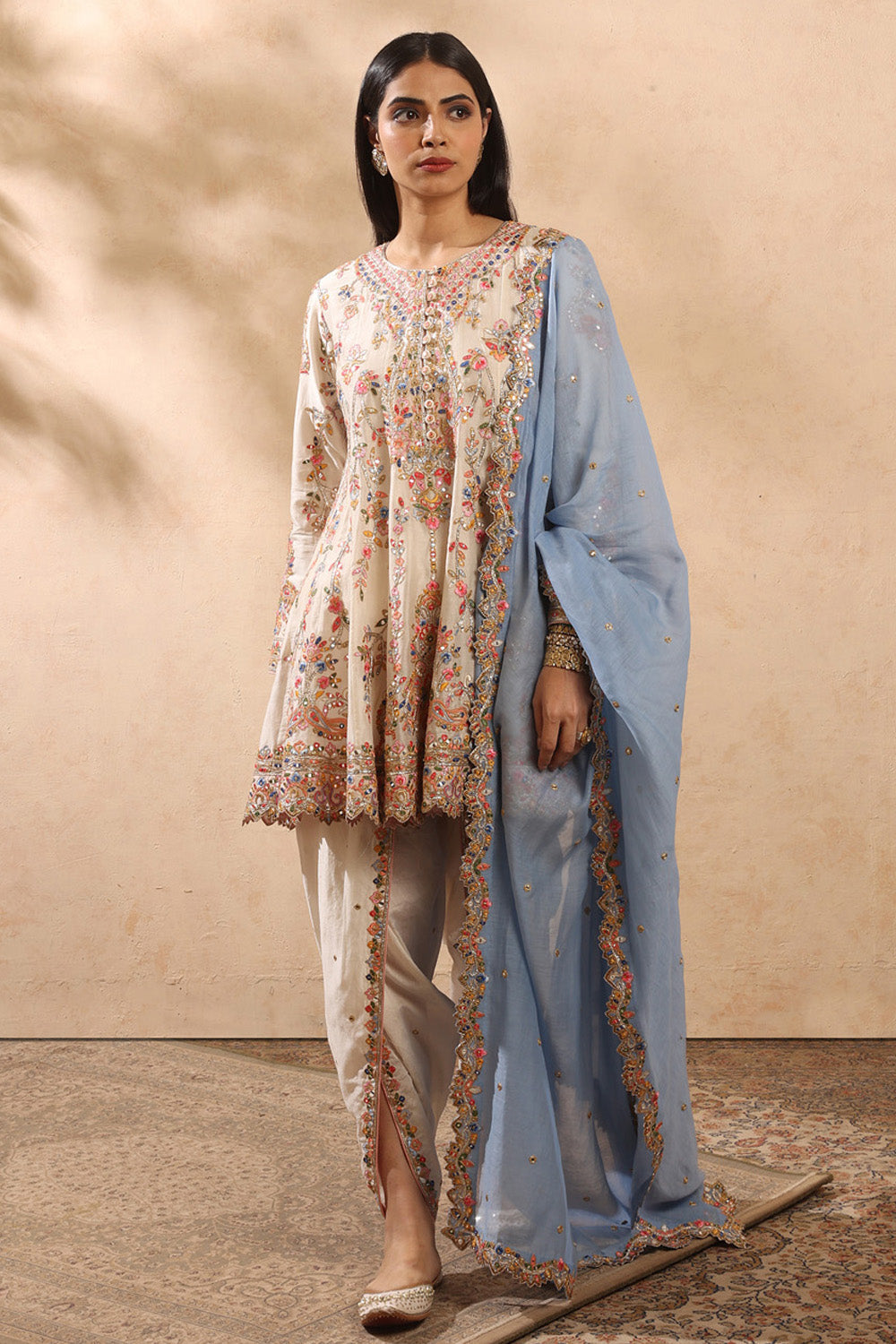 Ivory & English Blue Kali Kurta And Dhoti Set