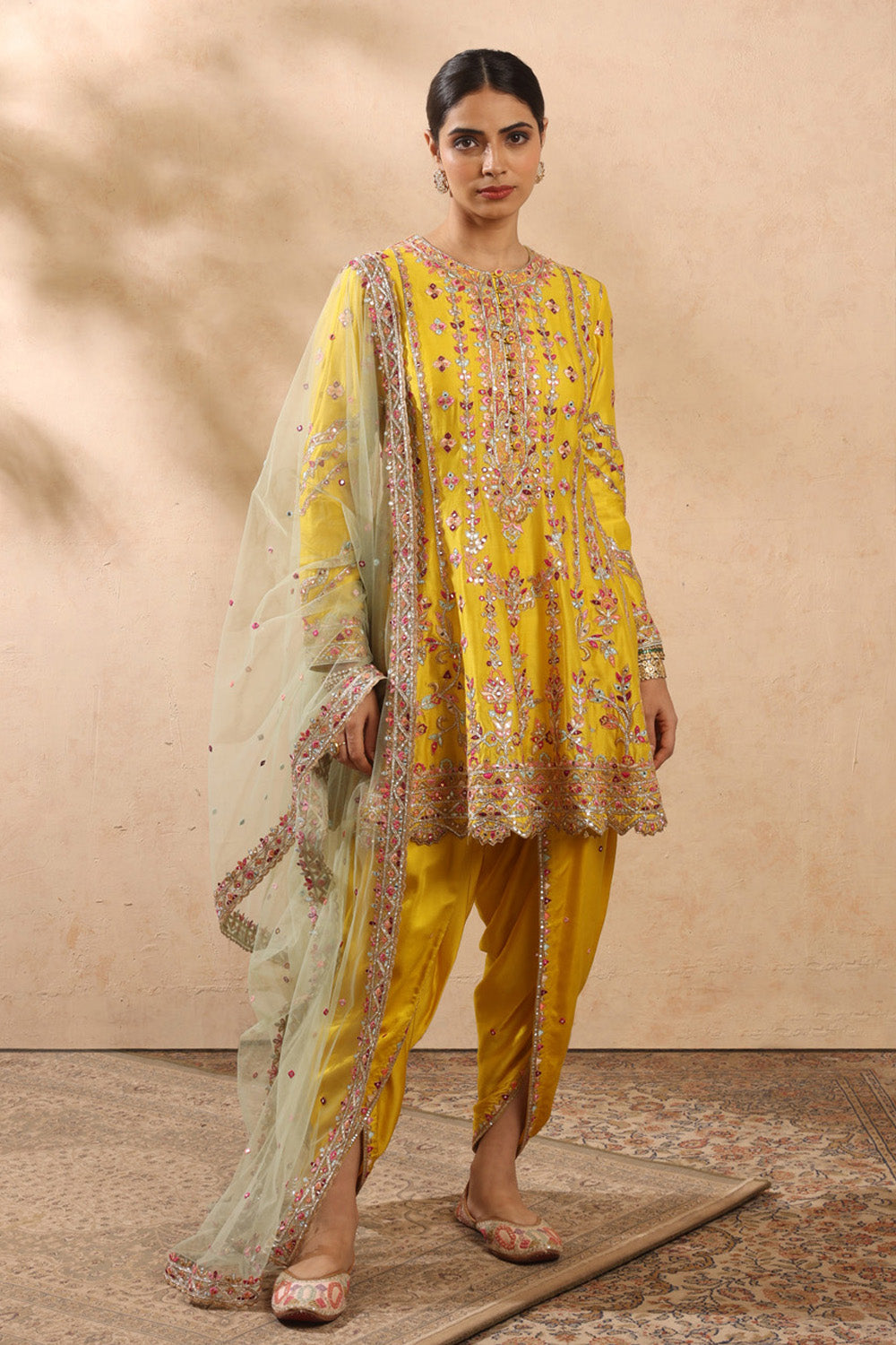 Mustard & Sage Green Kali Kurta And Dhoti