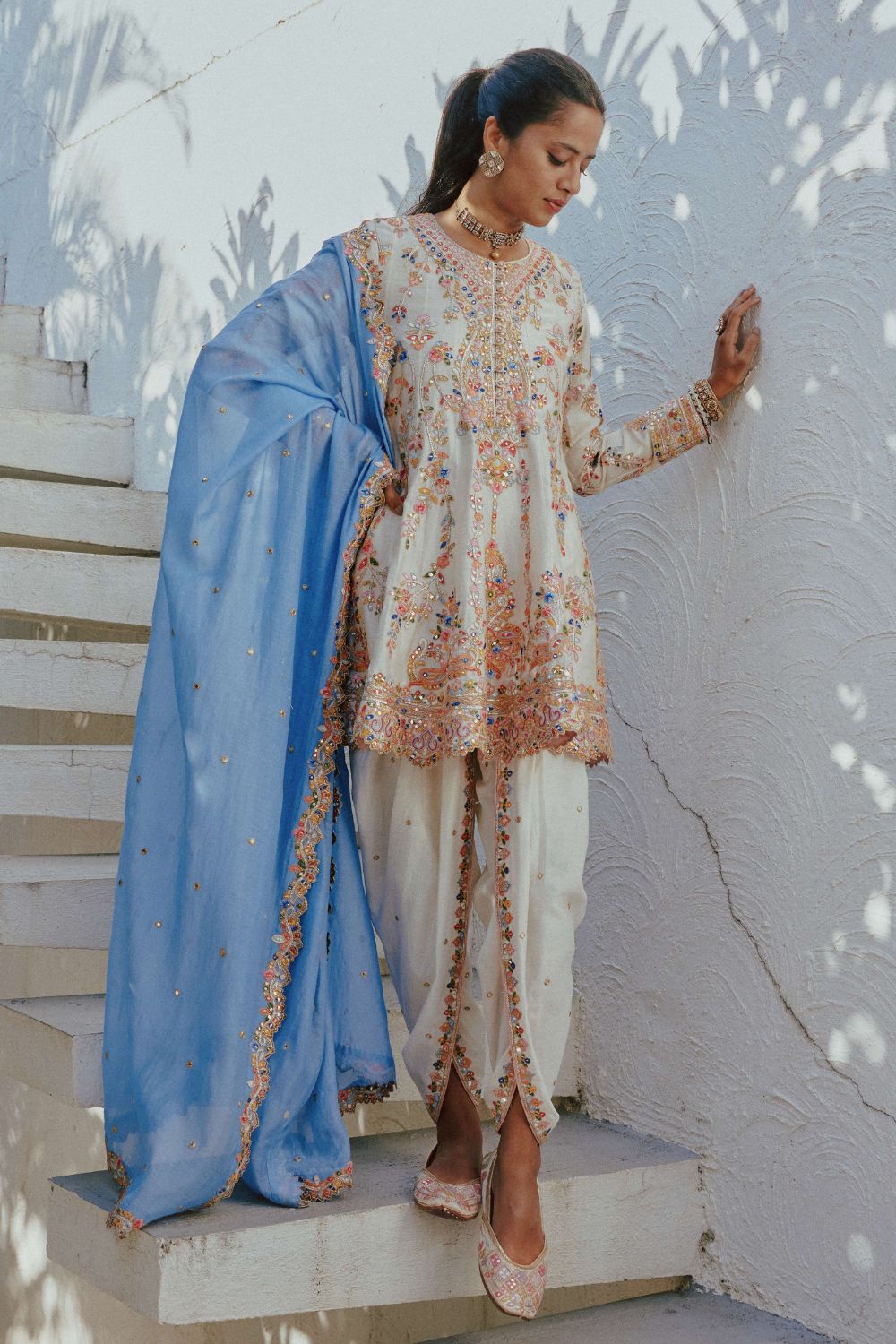 Ivory & English Blue Kali Kurta And Dhoti Set