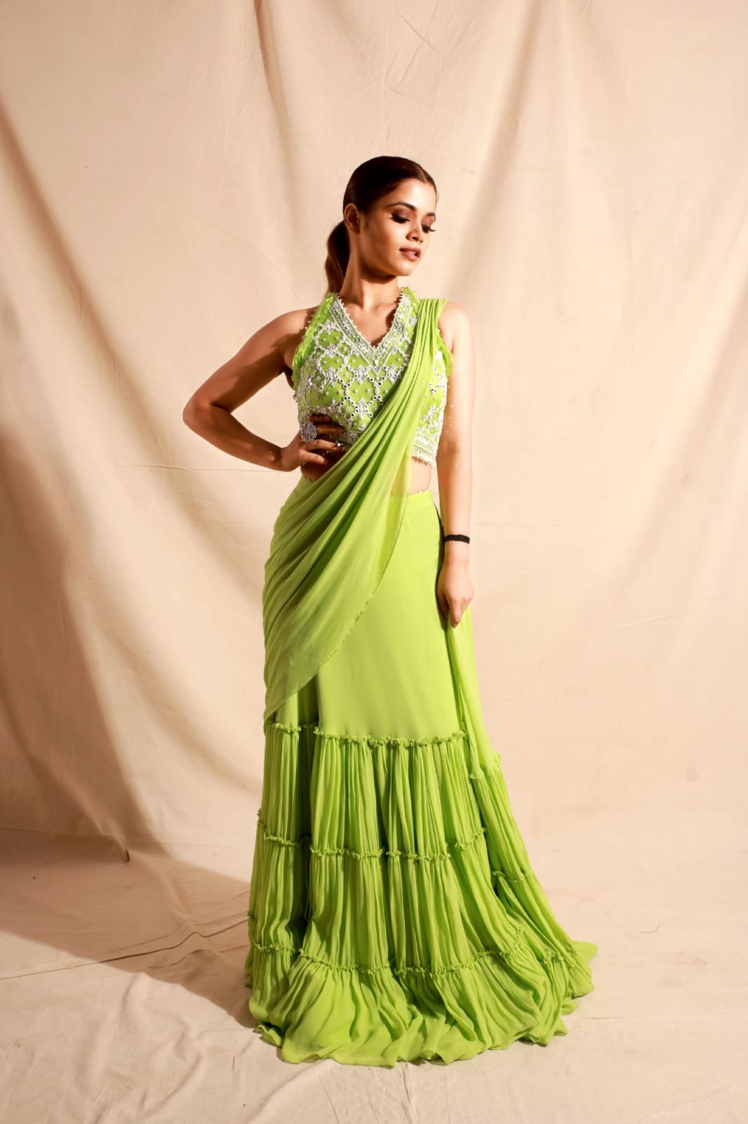 Lime green pleated saree