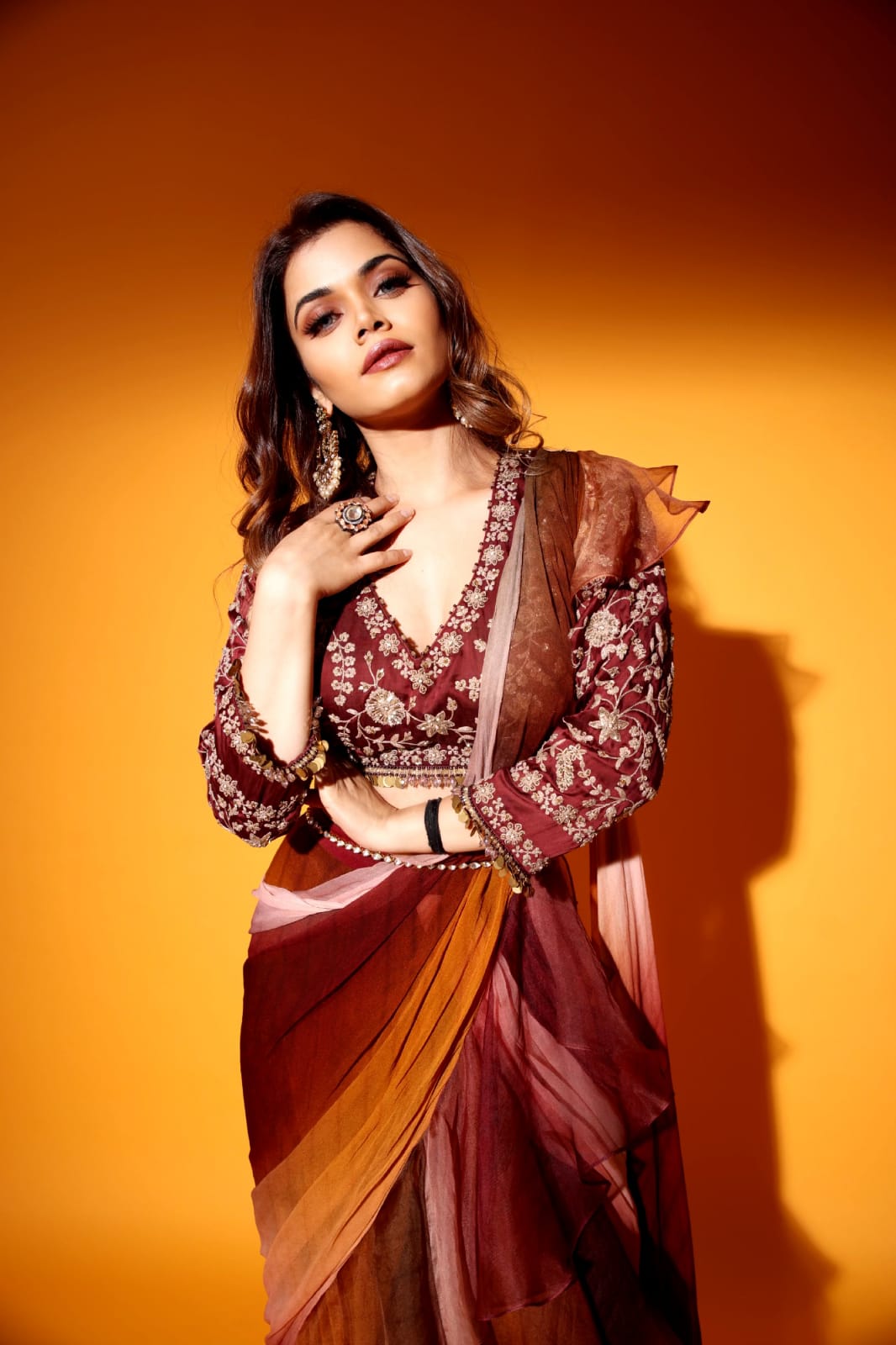Maroon heavy blouse & ombre saree with chiffon ruffle