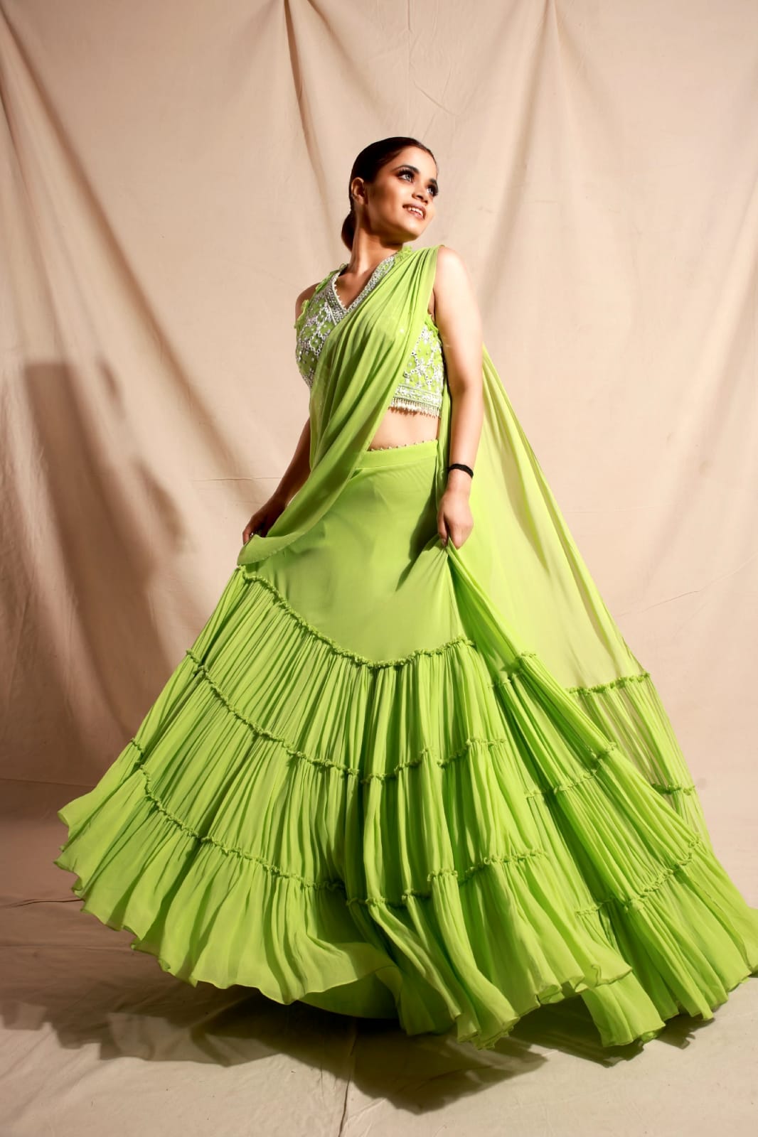 Lime green pleated saree