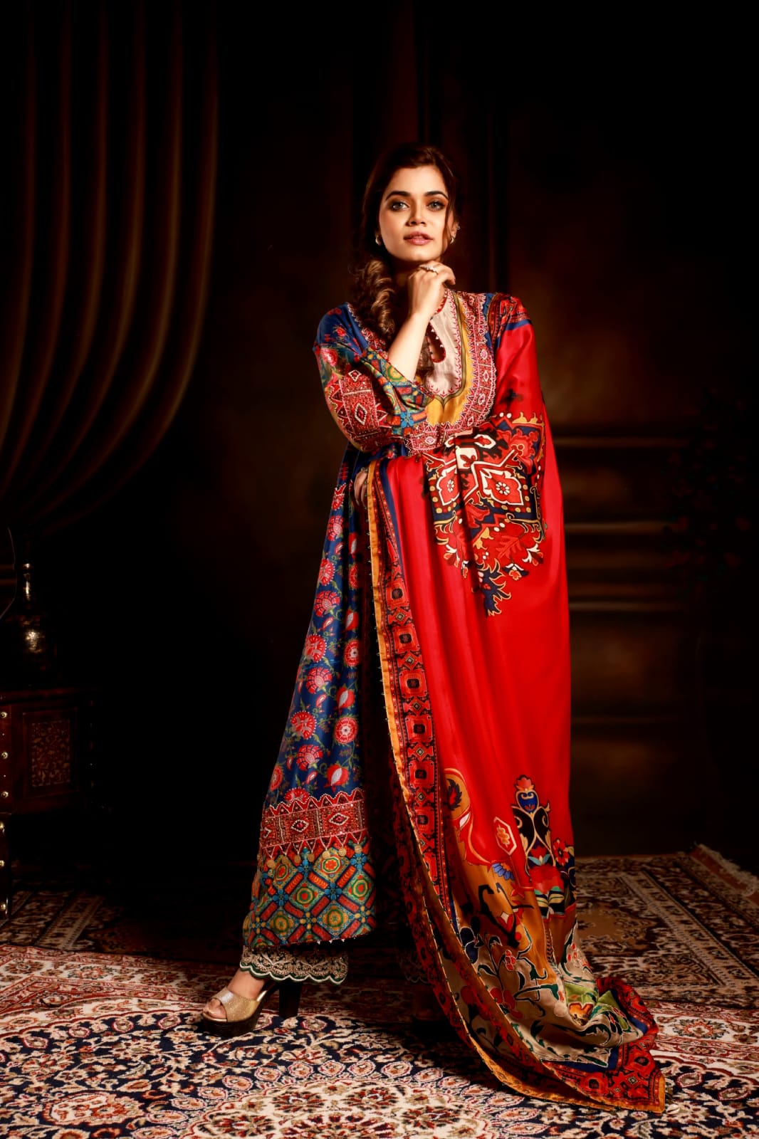 Blue floral suit with mortif andsatin red dupatta & yellow pant .