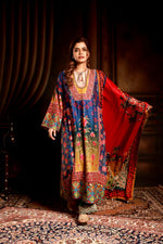 Blue floral suit with mortif andsatin red dupatta & yellow pant .