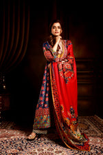 Blue floral suit with mortif andsatin red dupatta & yellow pant .