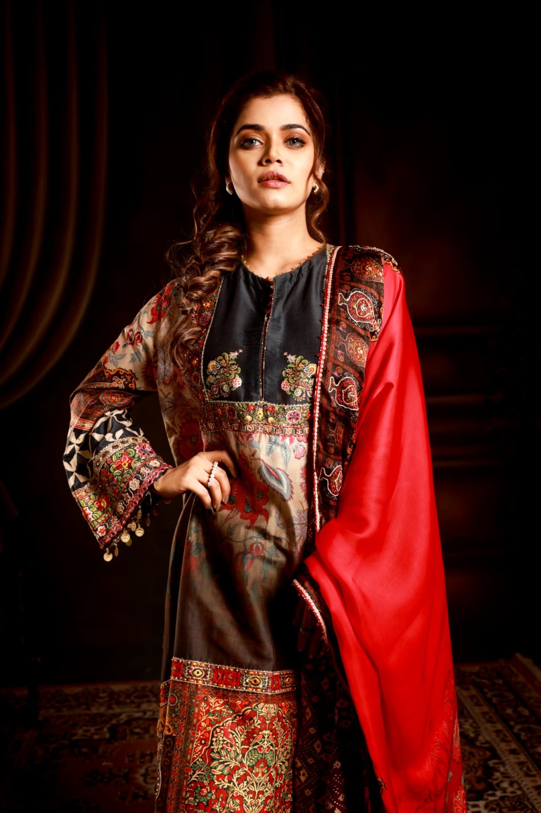 Fawmblack & orang kurta with red satin dupatta &wine pant jaal