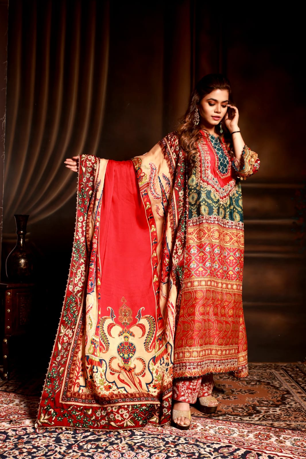 Bottel green & red paithani border suit with red border dupatta and wine pant jaal.