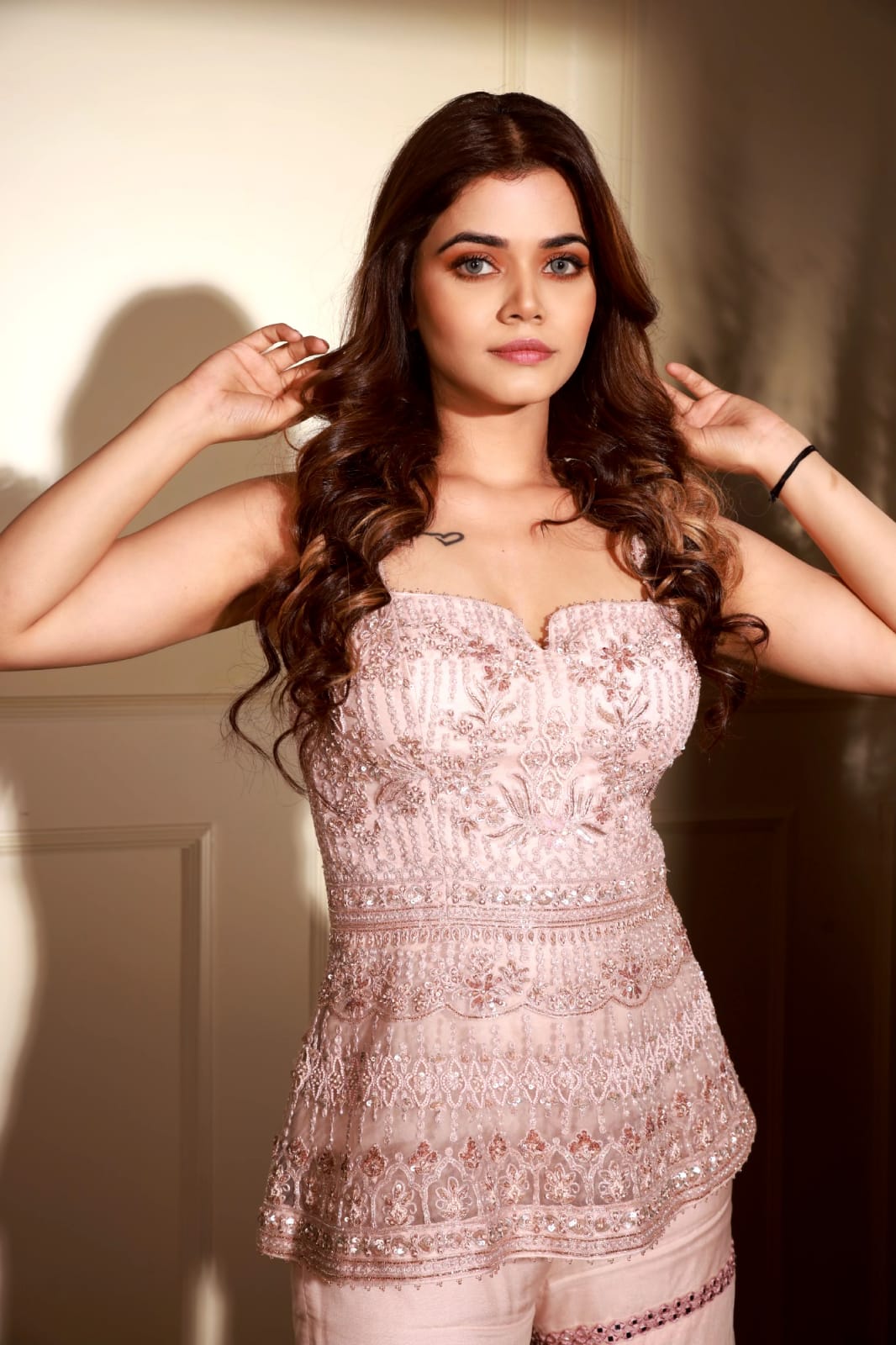 Peach embre peplum with sharara