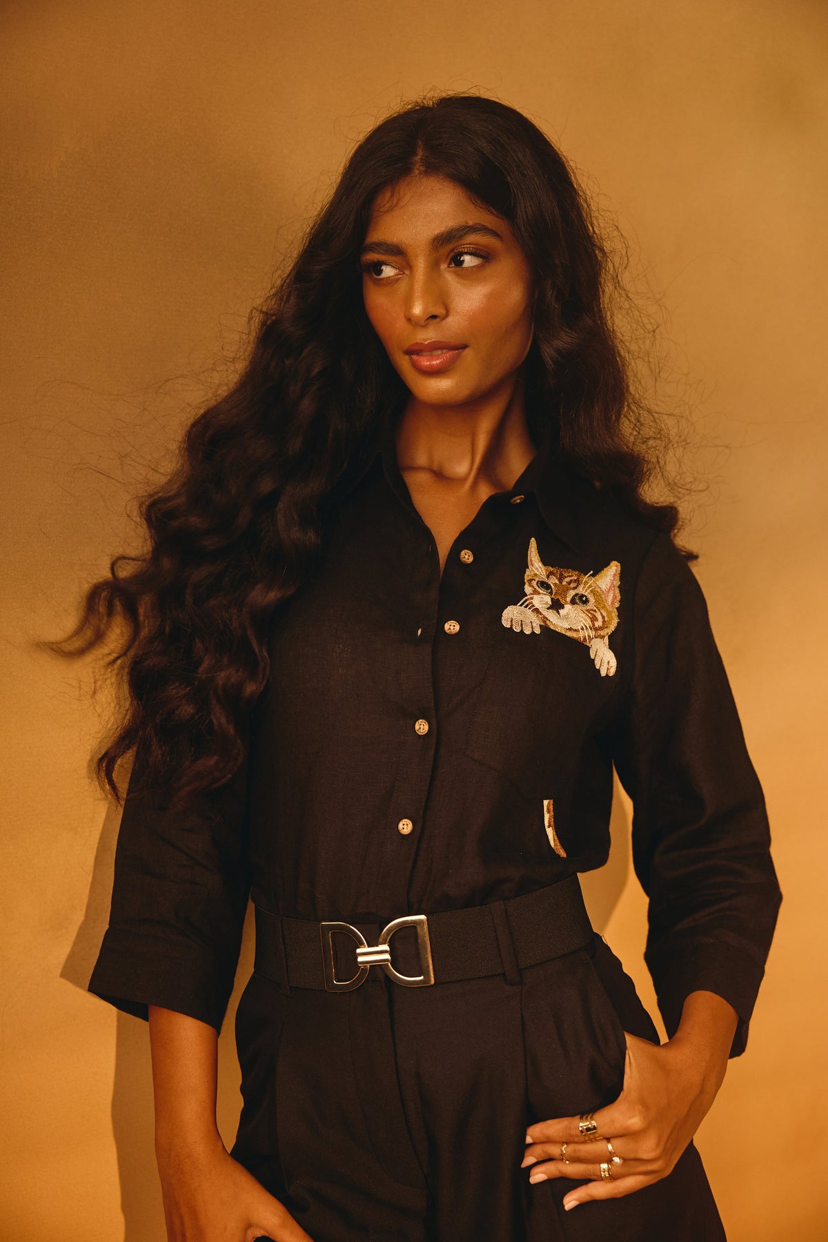 Black Cat Embroidered Shirt