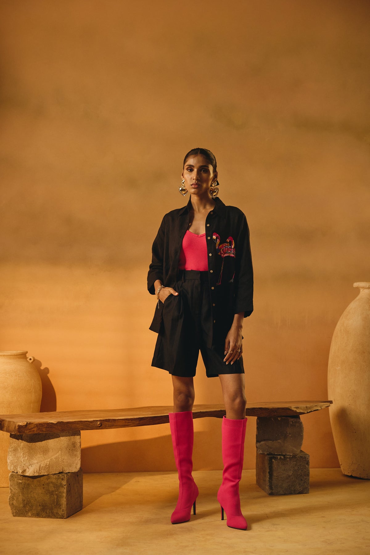 Black Flamingo Embroidered Shirt