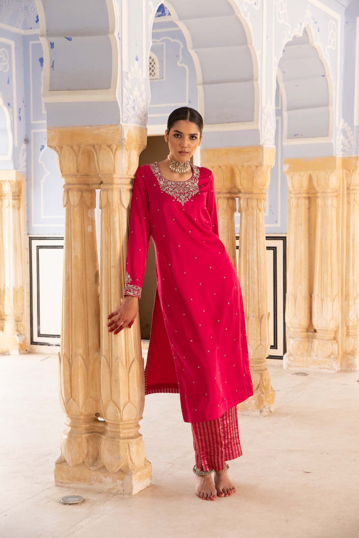 Rani-Pink Hand-Embroidered Handloom Pure Mashru-Silk (Katan Silk & Cotton) Kurta-Pants Set