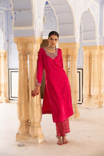 Rani-Pink Hand-Embroidered Handloom Pure Mashru-Silk (Katan Silk & Cotton) Kurta-Pants Set