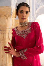 Rani-Pink Hand-Embroidered Handloom Pure Mashru-Silk (Katan Silk & Cotton) Kurta-Pants Set