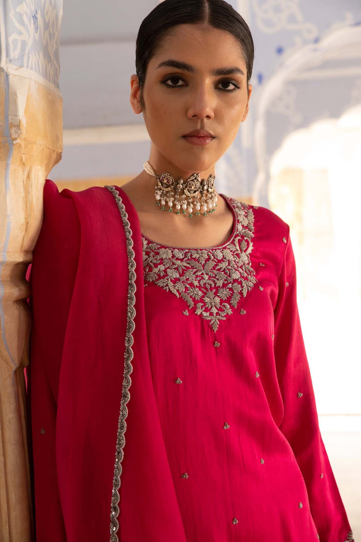 Rani-Pink Hand-Embroidered Handloom Pure Mashru-Silk (Katan Silk & Cotton) Kurta-Pants Set