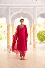 Rani-Pink Hand-Embroidered Handloom Pure Mashru-Silk (Katan Silk & Cotton) Kurta-Pants Set